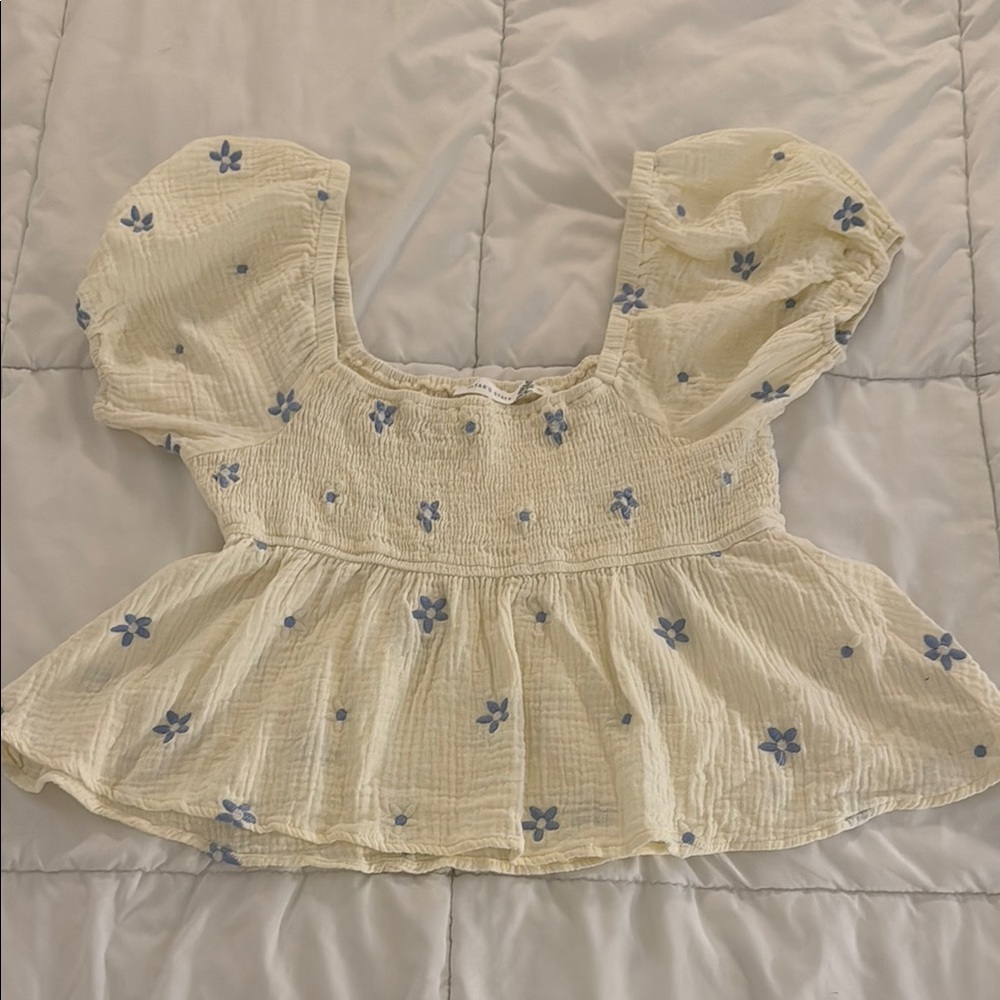 Altar'd State Cream Puff Sleeve Peplum Top with Blue Floral Embroidery